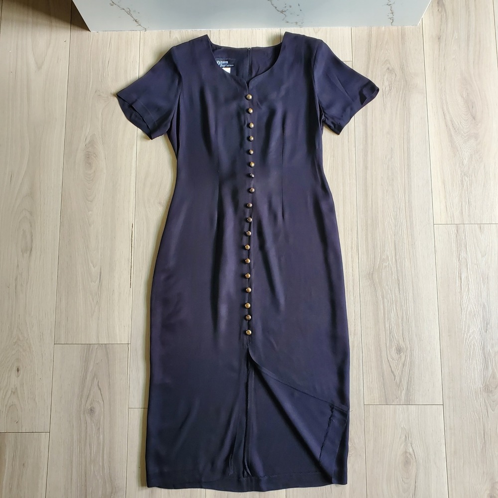 Dawn Joy Fashions Dress Womens 10 Blue Vintage 90s Button Front Tie Back Midi